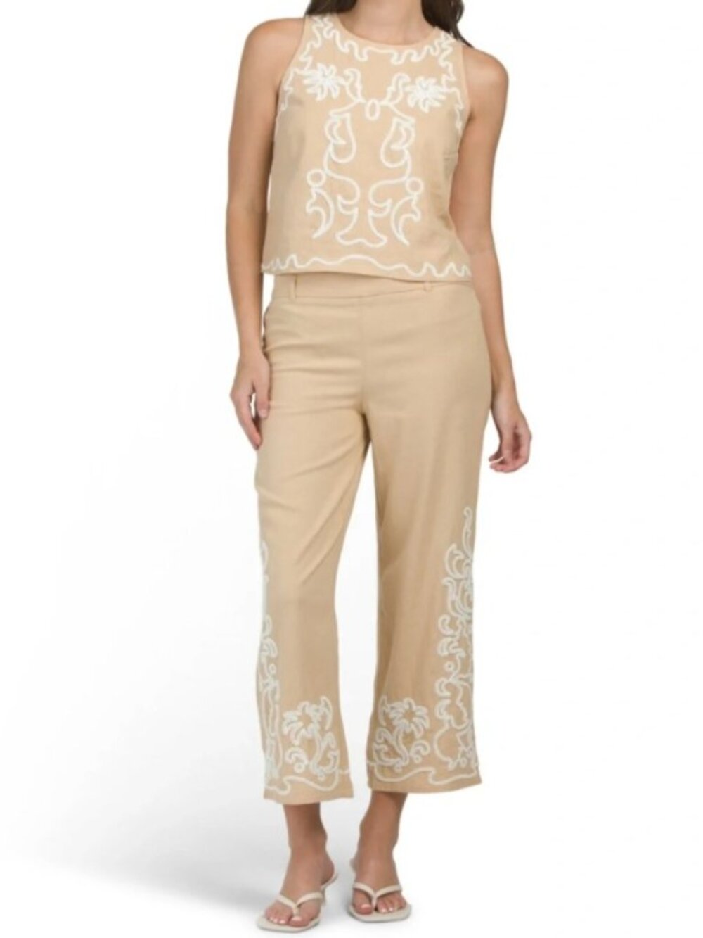 Embroidered Crop Tank & Ankle Pants Set - Beige